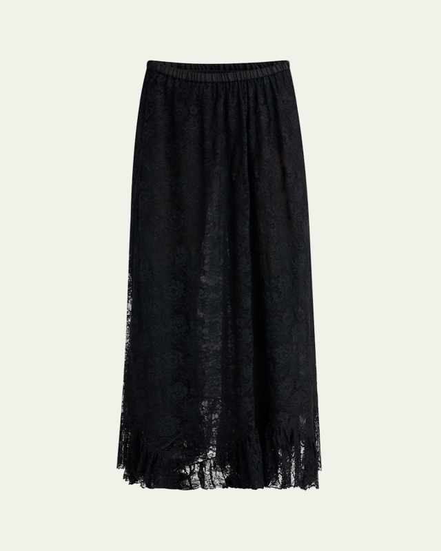 Flower Lace Ruffle-Hem Maxi Skirt